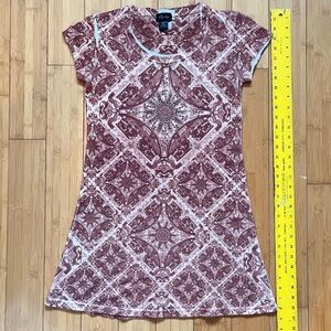 Y2k boho fang cotton mini fitted tshirt dress Women's Brown Patterned rhinestone